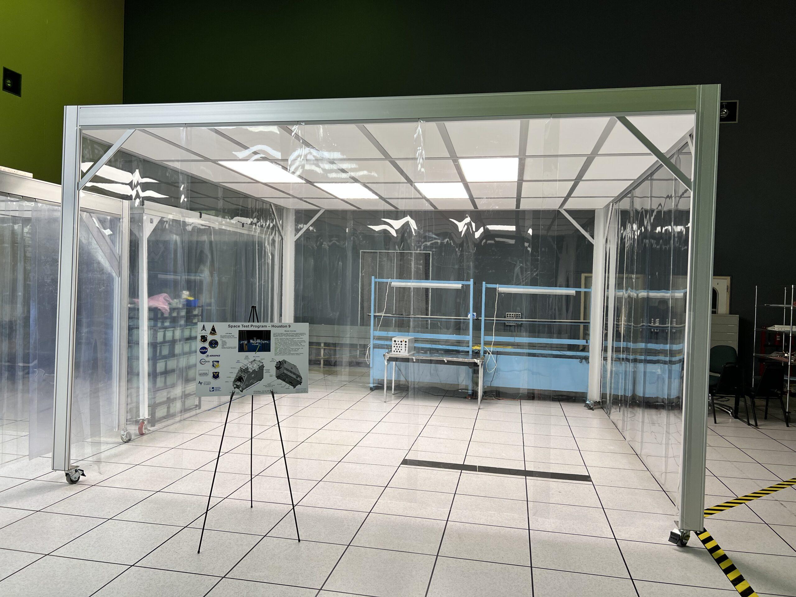 Modular softwall cleanroom by Gerbig Cleanrooms, featuring clear panels and a blue interior.
